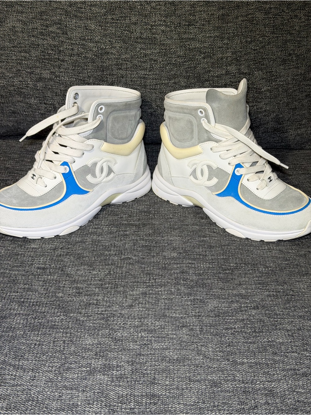 Chanel 18P Blue White Grey CC Logo High Top Trainer Sneakers Women Size US SZ 7